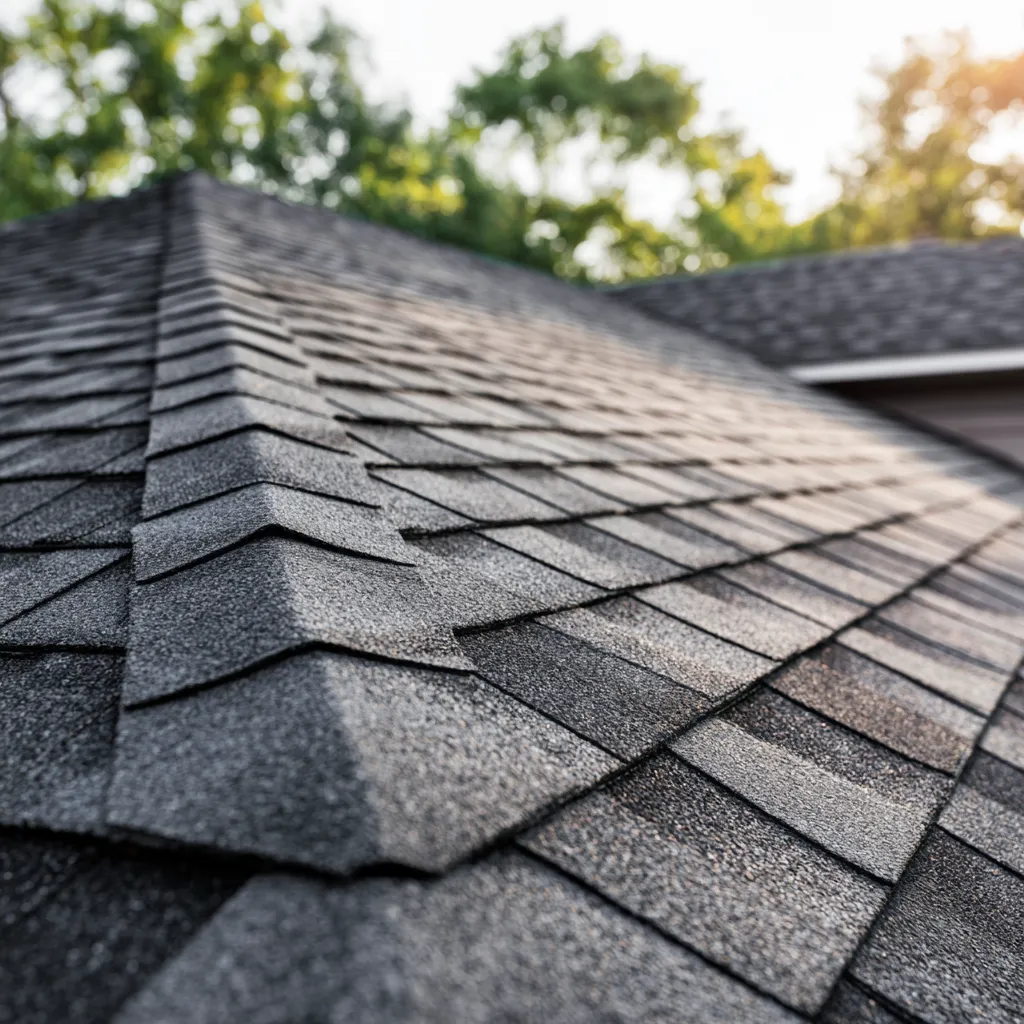 Gray asphalt roof with ridge cap shingles in soft light
