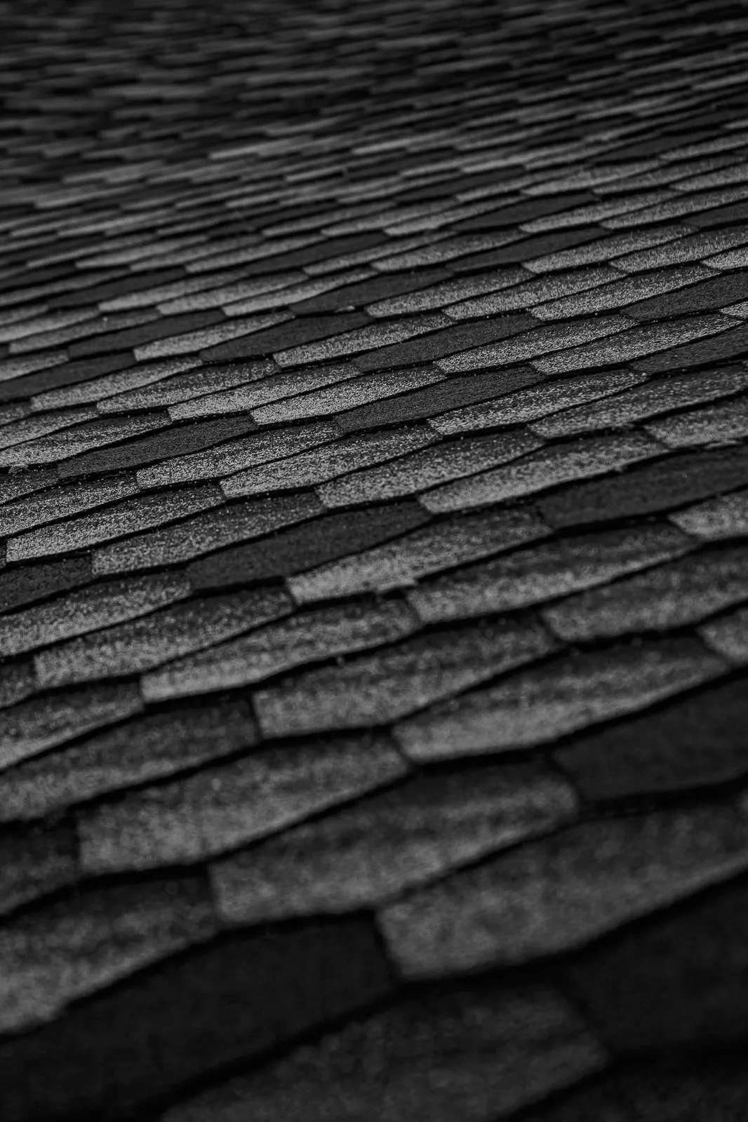 Dark asphalt shingle tabs layered across a slope in close view