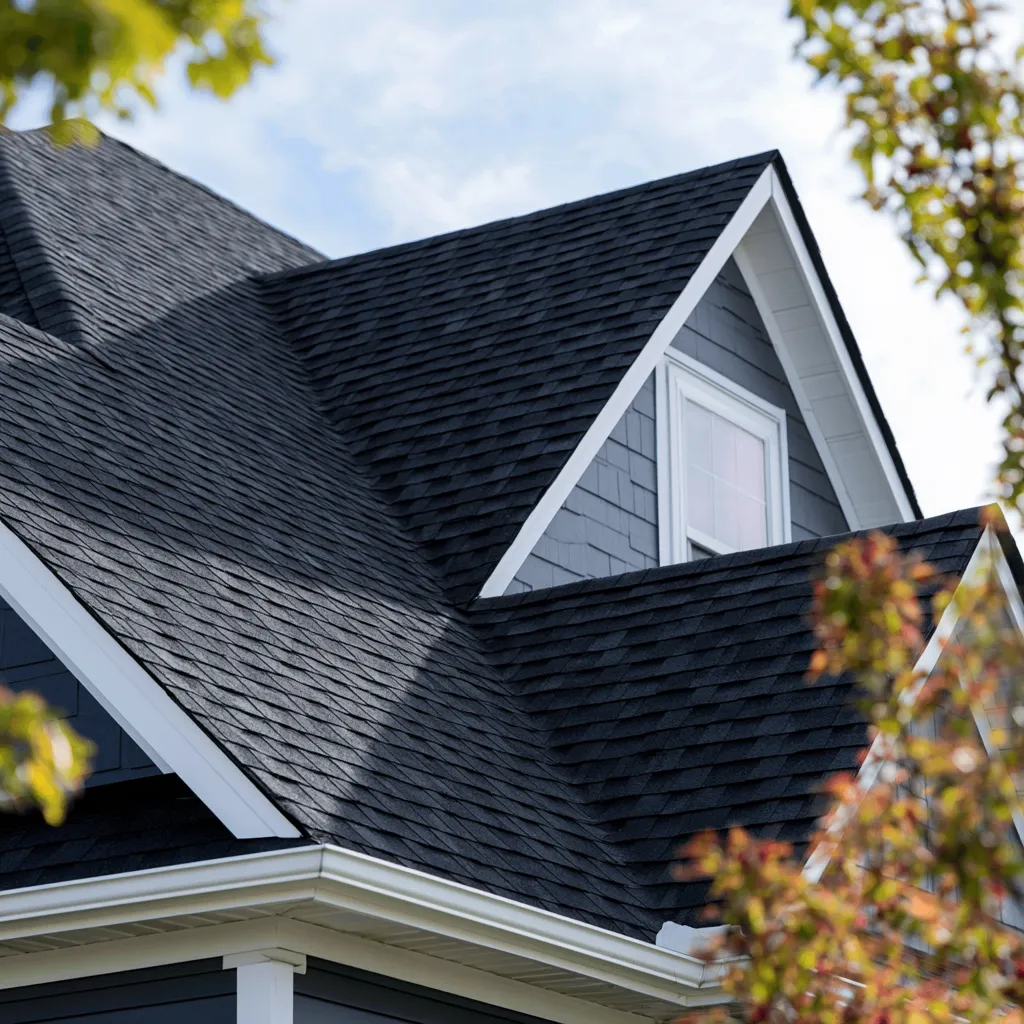 White trimmed gable dormers on a steep black shingle roof