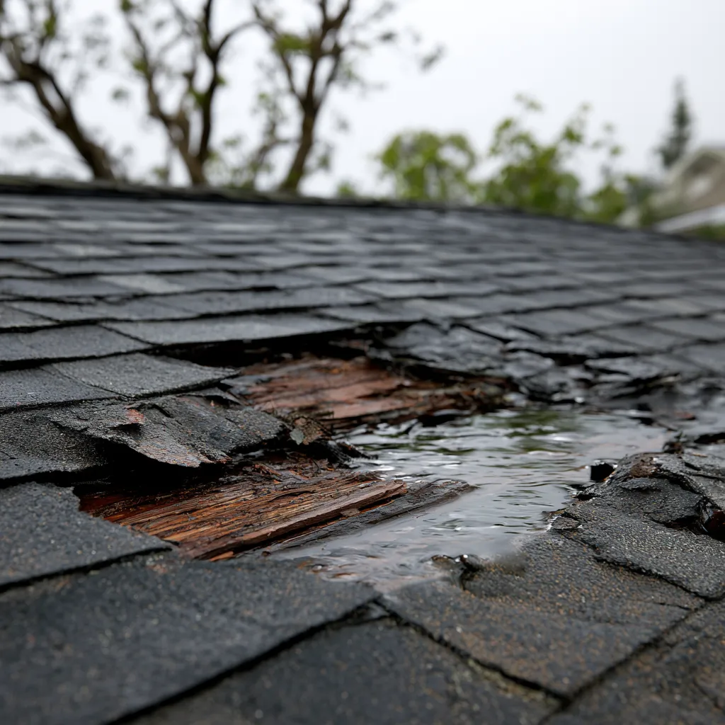 Pooled water and a rotted hole visible on a wet shingle roof